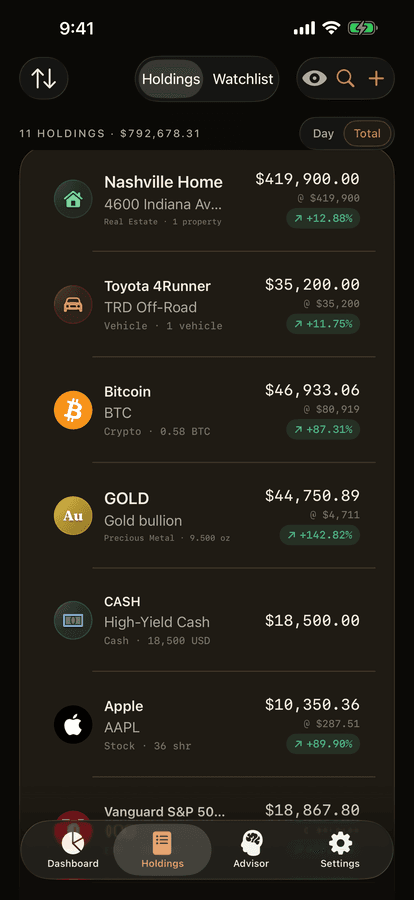 PortiFi holdings view showing stocks, crypto, cash, and real-world assets