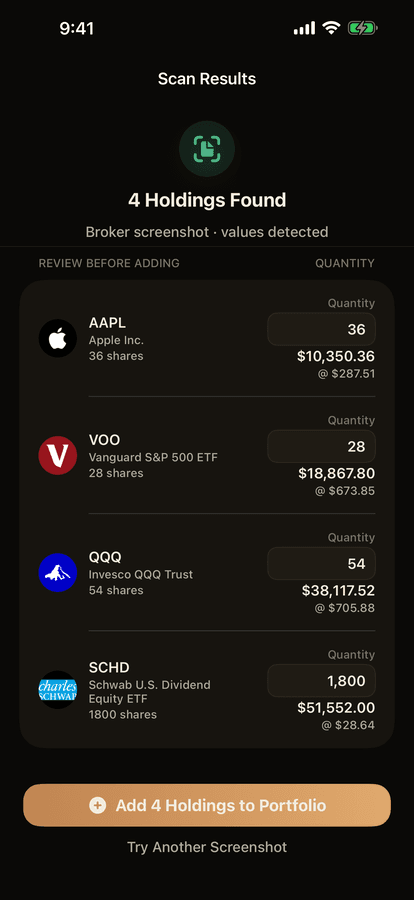PortiFi reviewing holdings detected from a portfolio screenshot before import