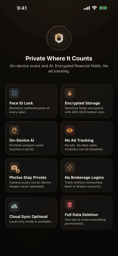 PortiFi privacy controls for on-device scans, encrypted storage, and optional connections